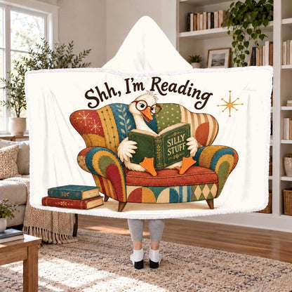 Shh, I'm Reading Goose Sherpa Hooded Blanket | Cozy Reader Gift White