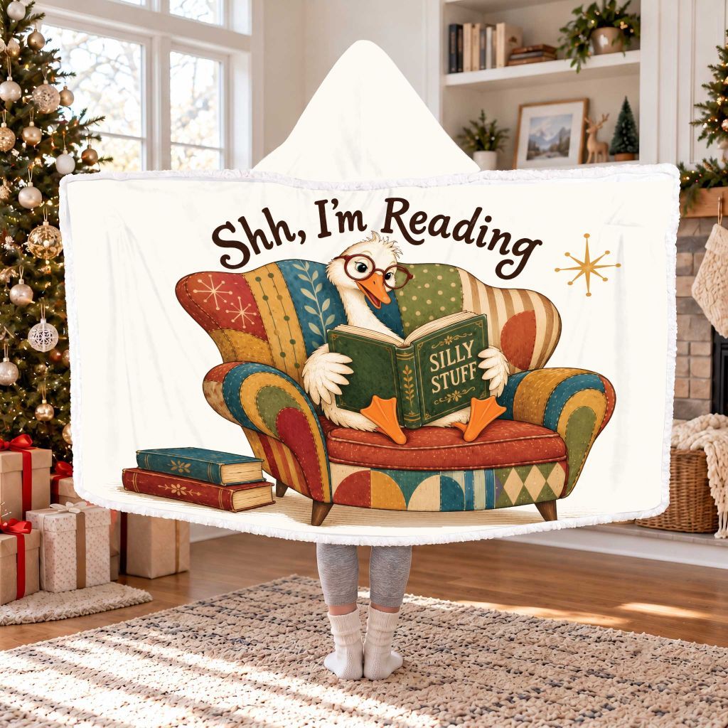 Shh, I'm Reading Goose Sherpa Hooded Blanket | Cozy Reader Gift White