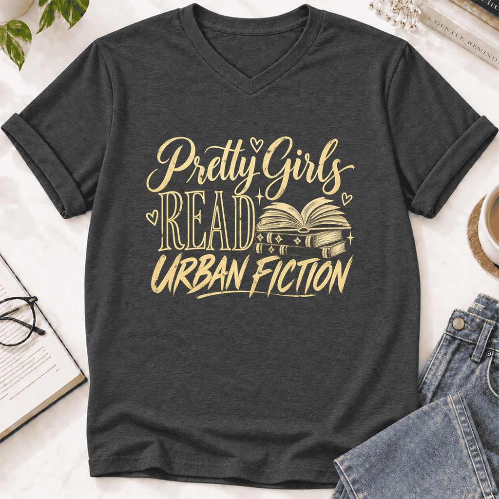Pretty Girls Read Urban Fiction Ultra-Soft V-Neck | Book Lover Gift Dark Grey Heather