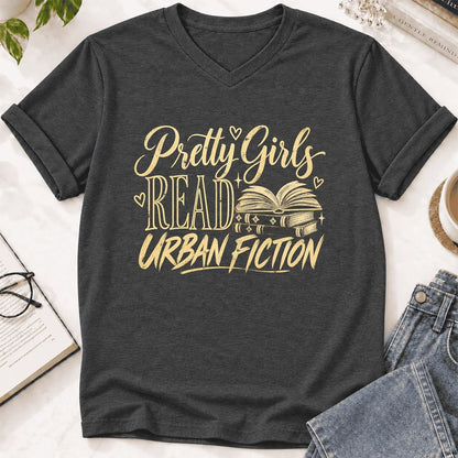 Pretty Girls Read Urban Fiction Ultra-Soft V-Neck | Book Lover Gift Dark Grey Heather