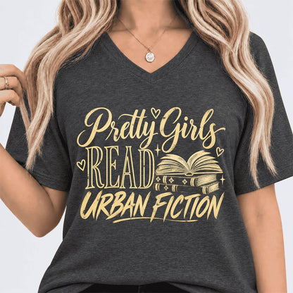 Pretty Girls Read Urban Fiction Ultra-Soft V-Neck | Book Lover Gift Dark Grey Heather