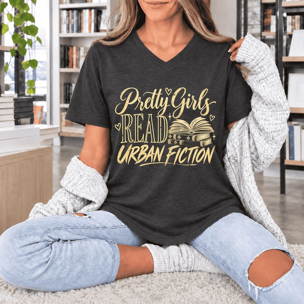 Pretty Girls Read Urban Fiction Ultra-Soft V-Neck | Book Lover Gift Dark Grey Heather