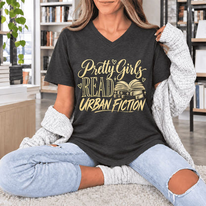 Pretty Girls Read Urban Fiction Ultra-Soft V-Neck | Book Lover Gift Dark Grey Heather