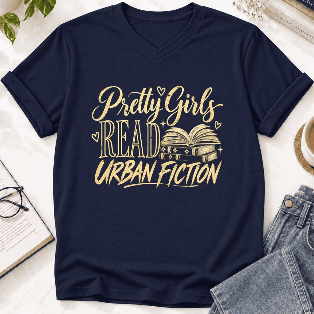 Pretty Girls Read Urban Fiction Ultra-Soft V-Neck | Book Lover Gift Navy