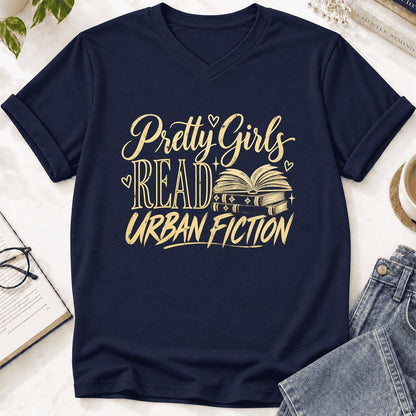 Pretty Girls Read Urban Fiction Ultra-Soft V-Neck | Book Lover Gift Navy