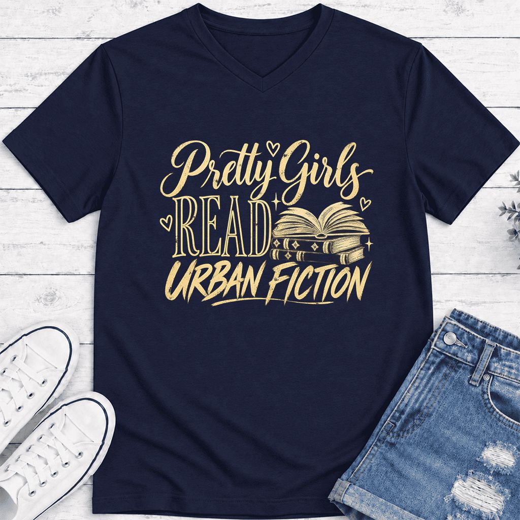 Pretty Girls Read Urban Fiction Ultra-Soft V-Neck | Book Lover Gift Navy