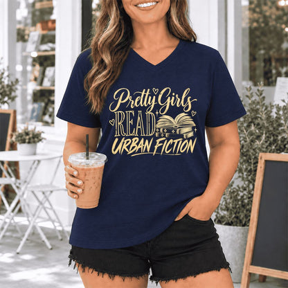 Pretty Girls Read Urban Fiction Ultra-Soft V-Neck | Book Lover Gift Navy