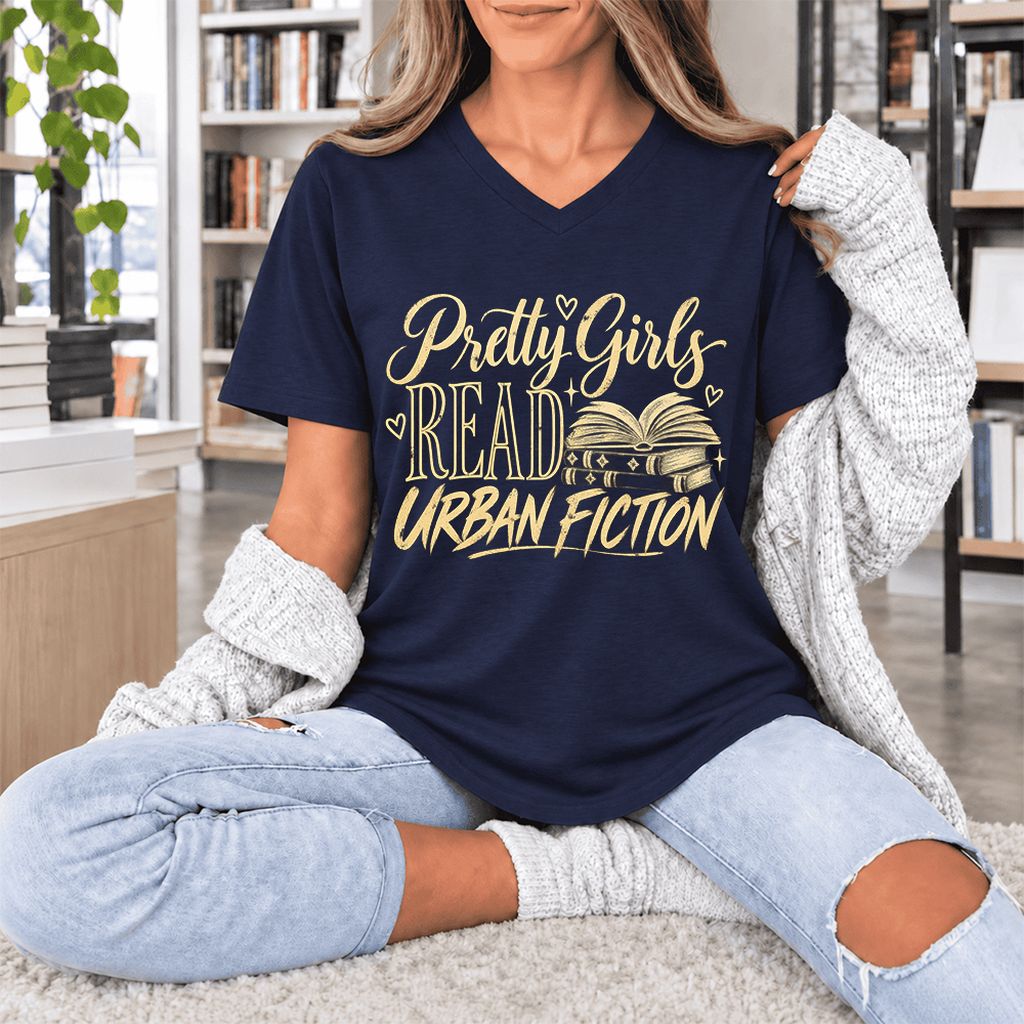 Pretty Girls Read Urban Fiction Ultra-Soft V-Neck | Book Lover Gift Navy