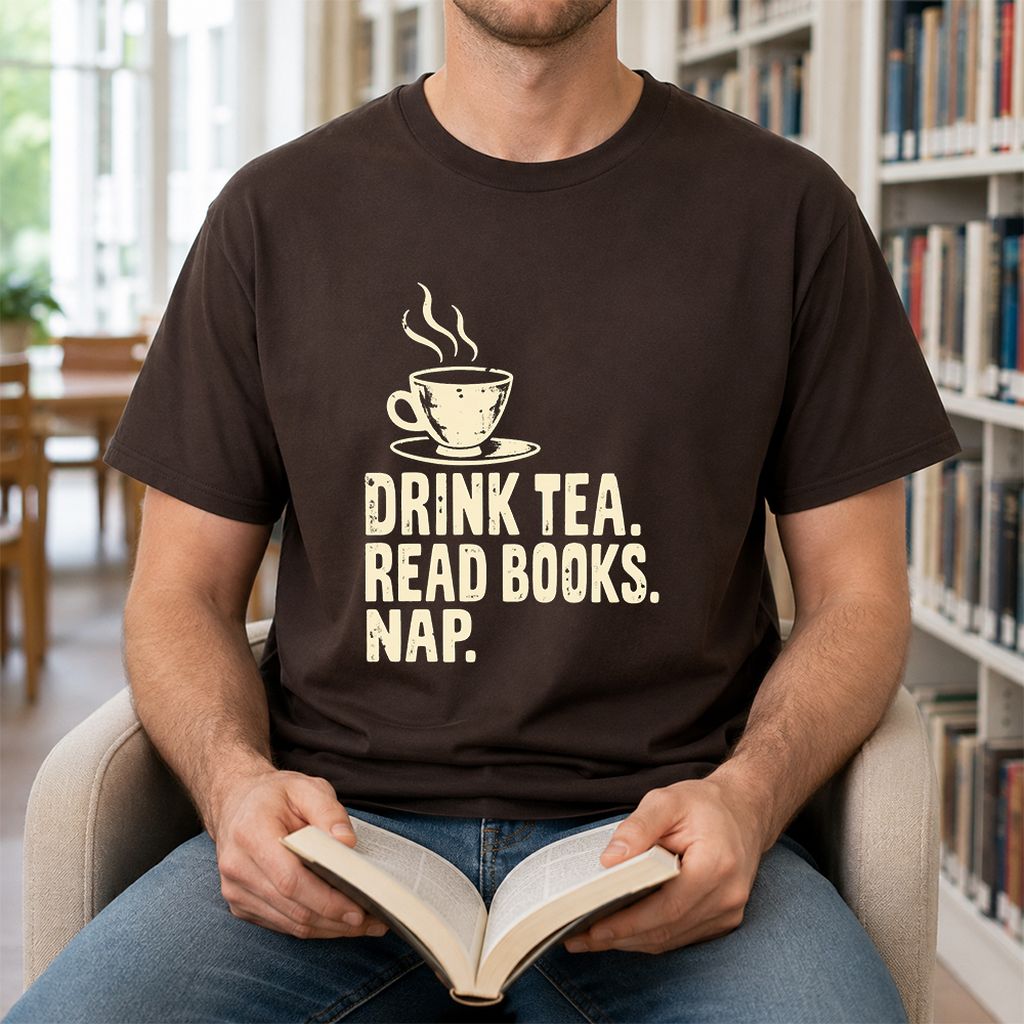 Drink Tea Read Books Nap Printed T-Shirt | Cozy Book Lover Gift Dark Chocolate
