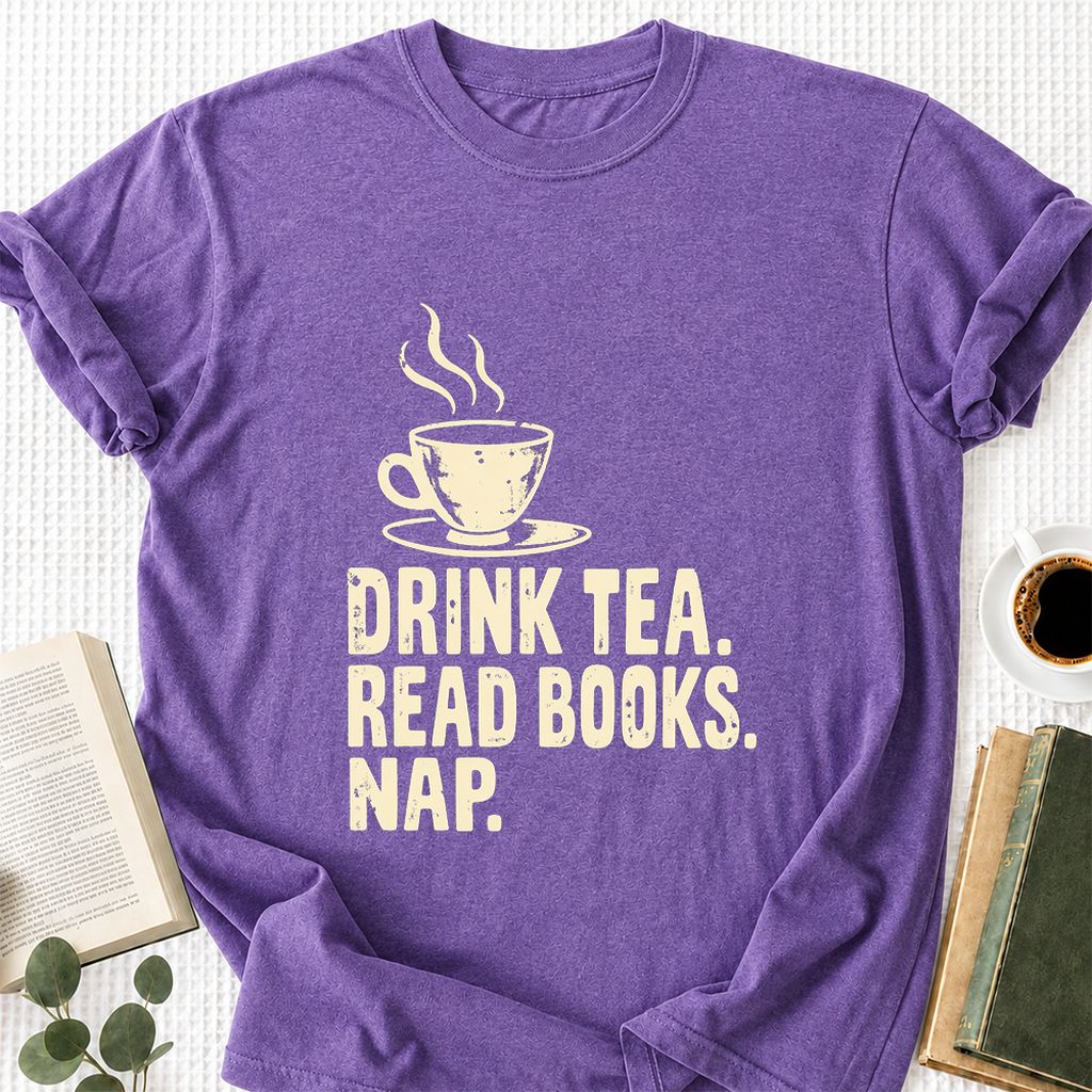 Drink Tea Read Books Nap Printed T-Shirt | Cozy Book Lover Gift Heather Purple