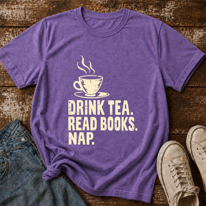 Drink Tea Read Books Nap Printed T-Shirt | Cozy Book Lover Gift Heather Purple