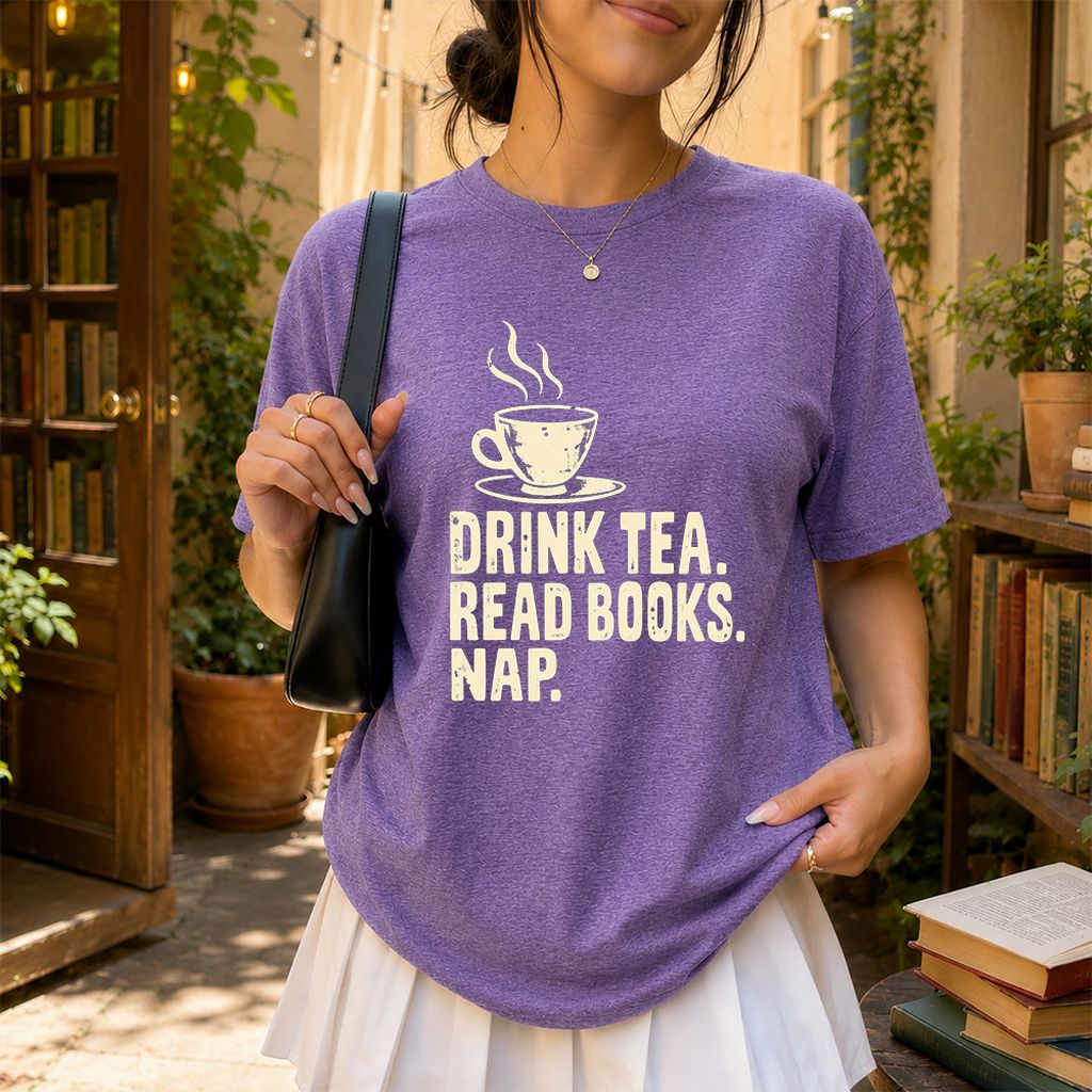 Drink Tea Read Books Nap Printed T-Shirt | Cozy Book Lover Gift Heather Purple