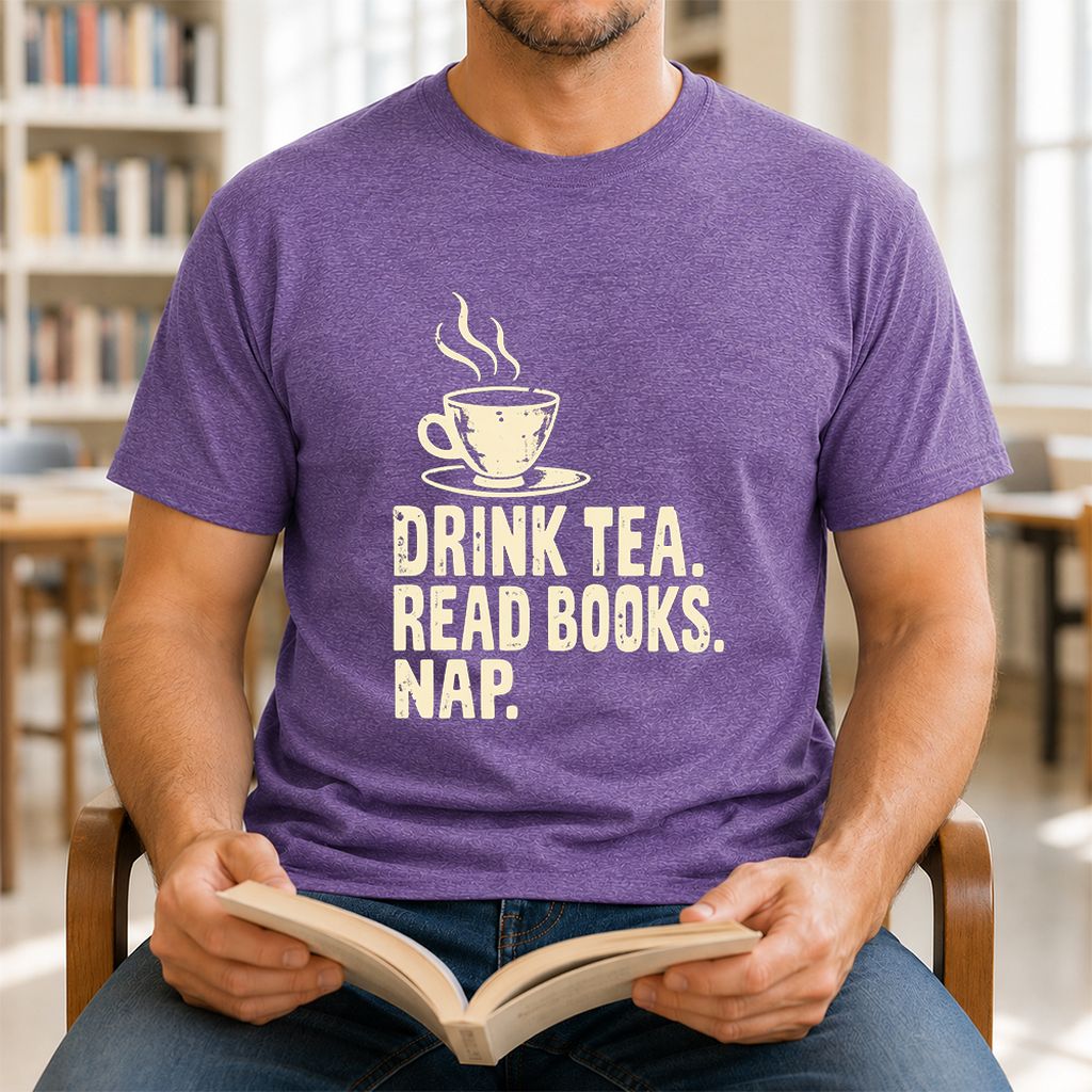 Drink Tea Read Books Nap Printed T-Shirt | Cozy Book Lover Gift Heather Purple