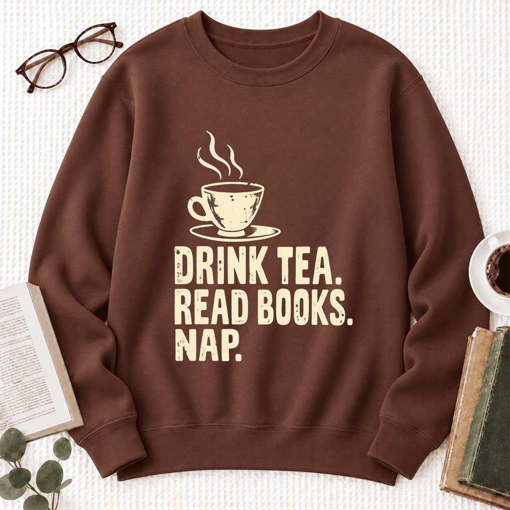 Drink Tea Read Books Nap Softstyle Sweatshirt | Cozy Book Lover Gift Cocoa
