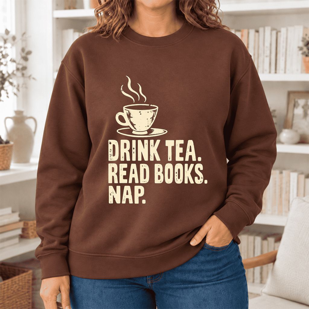 Drink Tea Read Books Nap Softstyle Sweatshirt | Cozy Book Lover Gift Cocoa