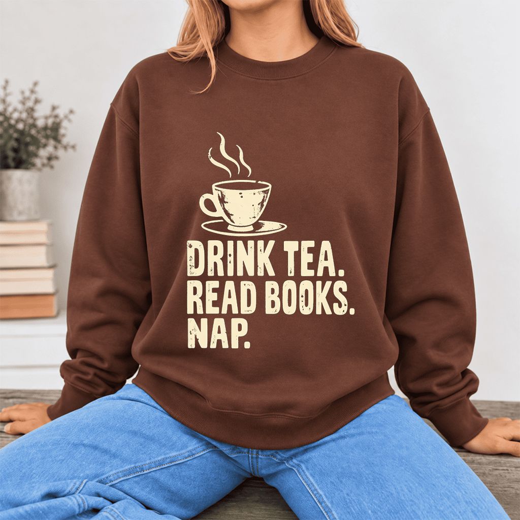 Drink Tea Read Books Nap Softstyle Sweatshirt | Cozy Book Lover Gift Cocoa