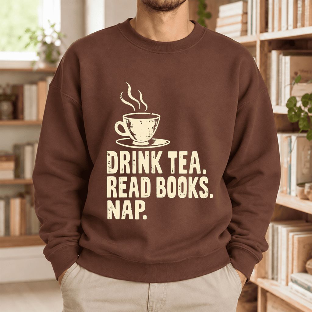 Drink Tea Read Books Nap Softstyle Sweatshirt | Cozy Book Lover Gift Cocoa