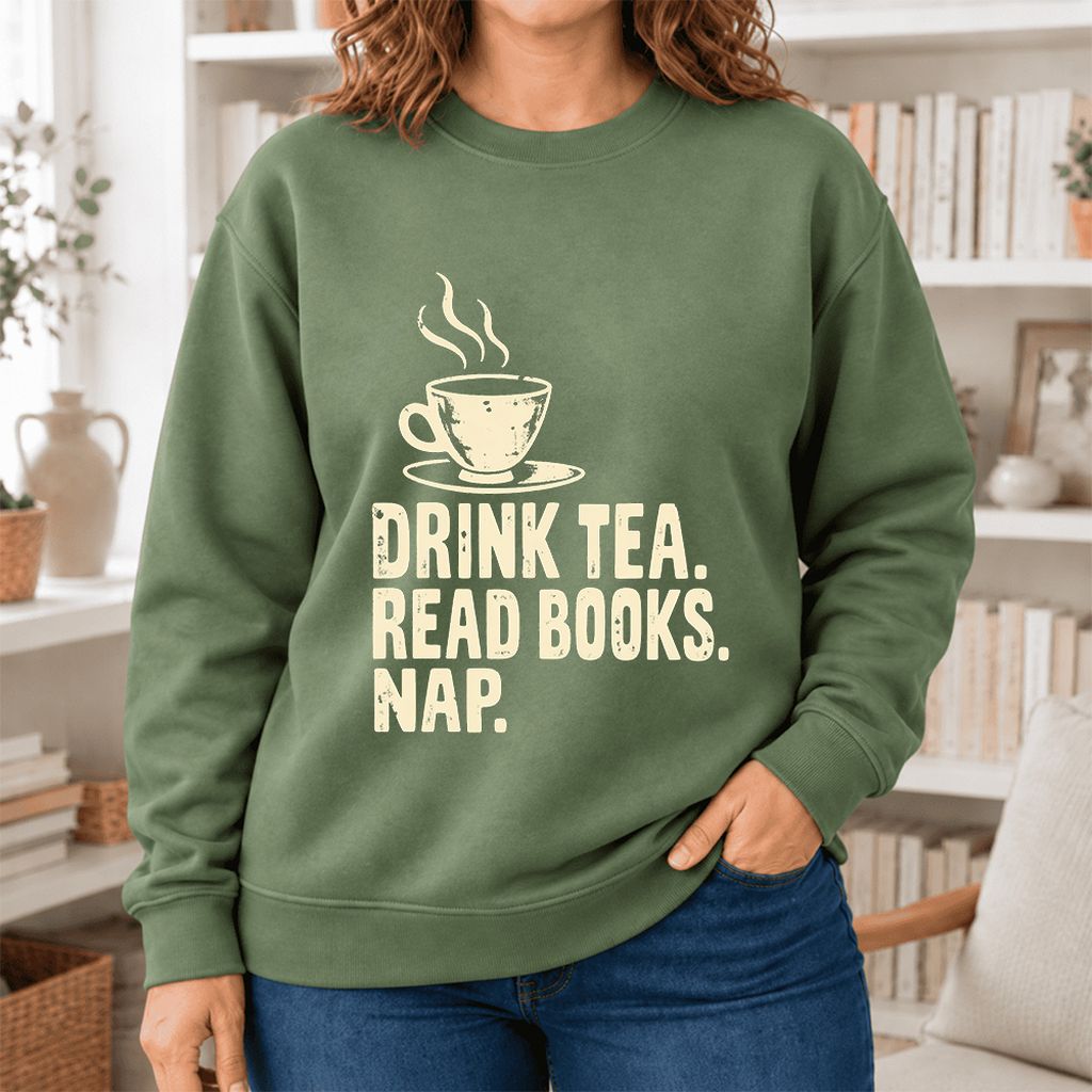 Drink Tea Read Books Nap Softstyle Sweatshirt | Cozy Book Lover Gift Military Green