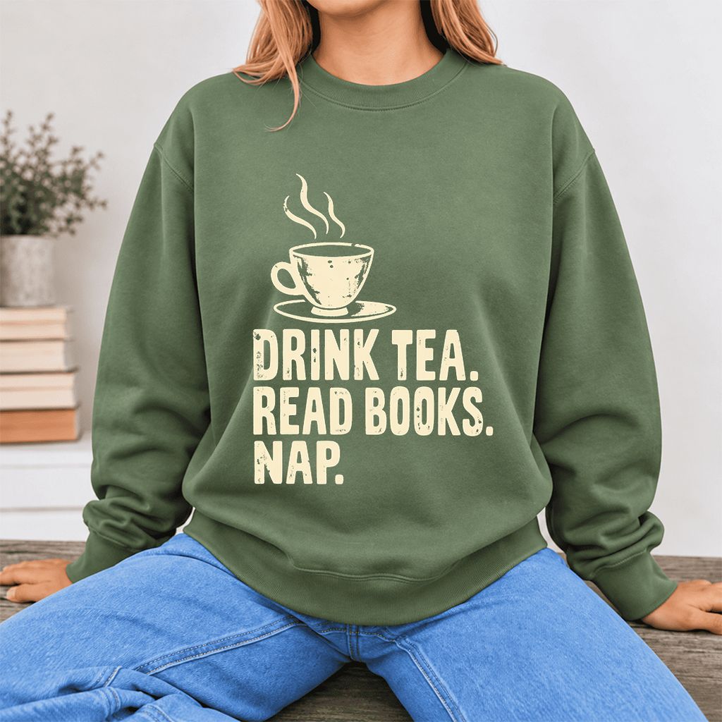 Drink Tea Read Books Nap Softstyle Sweatshirt | Cozy Book Lover Gift Military Green