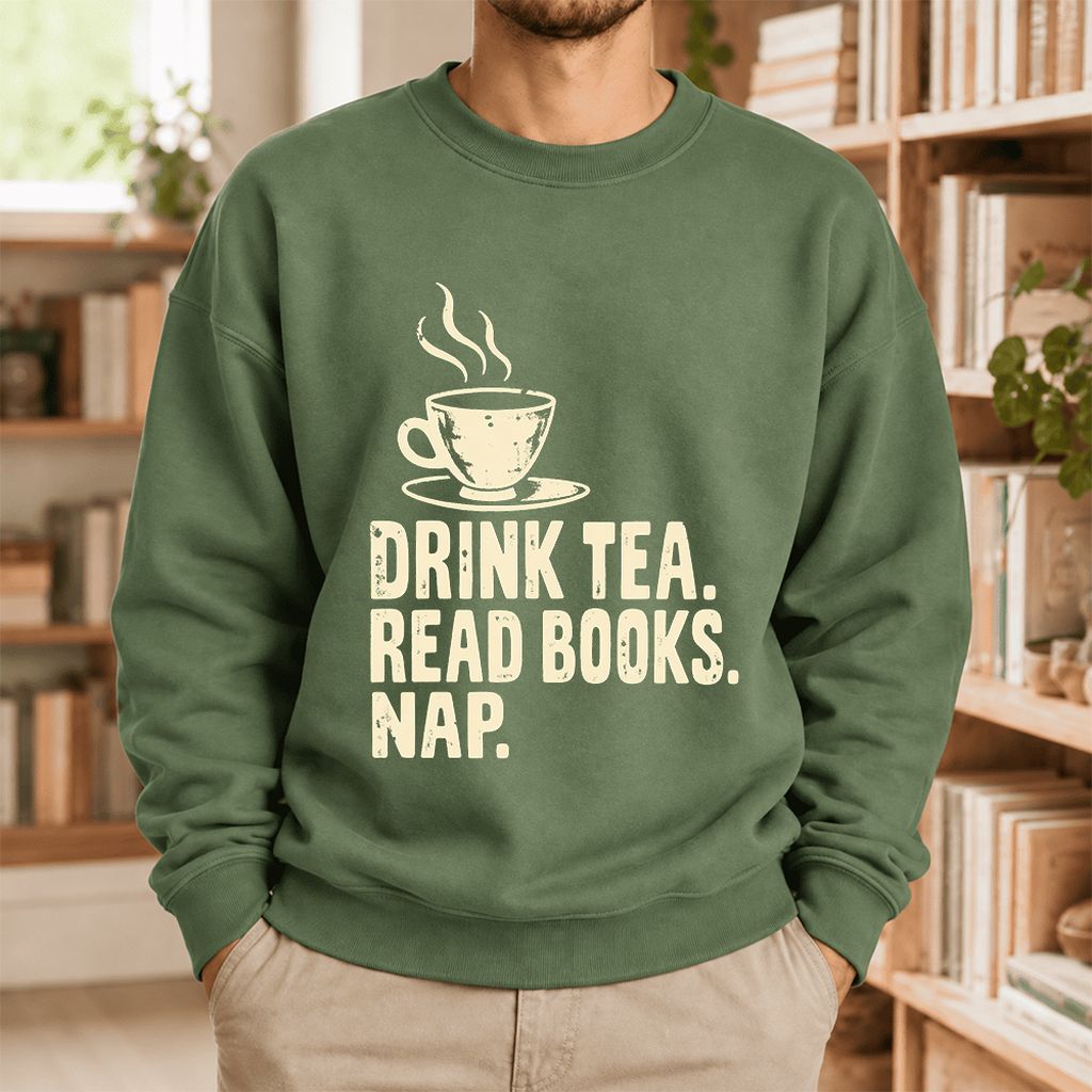 Drink Tea Read Books Nap Softstyle Sweatshirt | Cozy Book Lover Gift Military Green