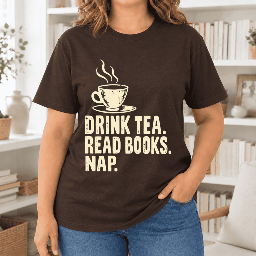 Drink Tea Read Books Nap Ultra-Soft Cotton T-Shirt | Cozy Book Lover Gift Brown