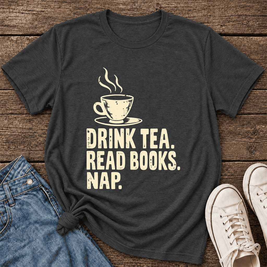 Drink Tea Read Books Nap Ultra-Soft Cotton T-Shirt | Cozy Book Lover Gift Dark Grey Heather