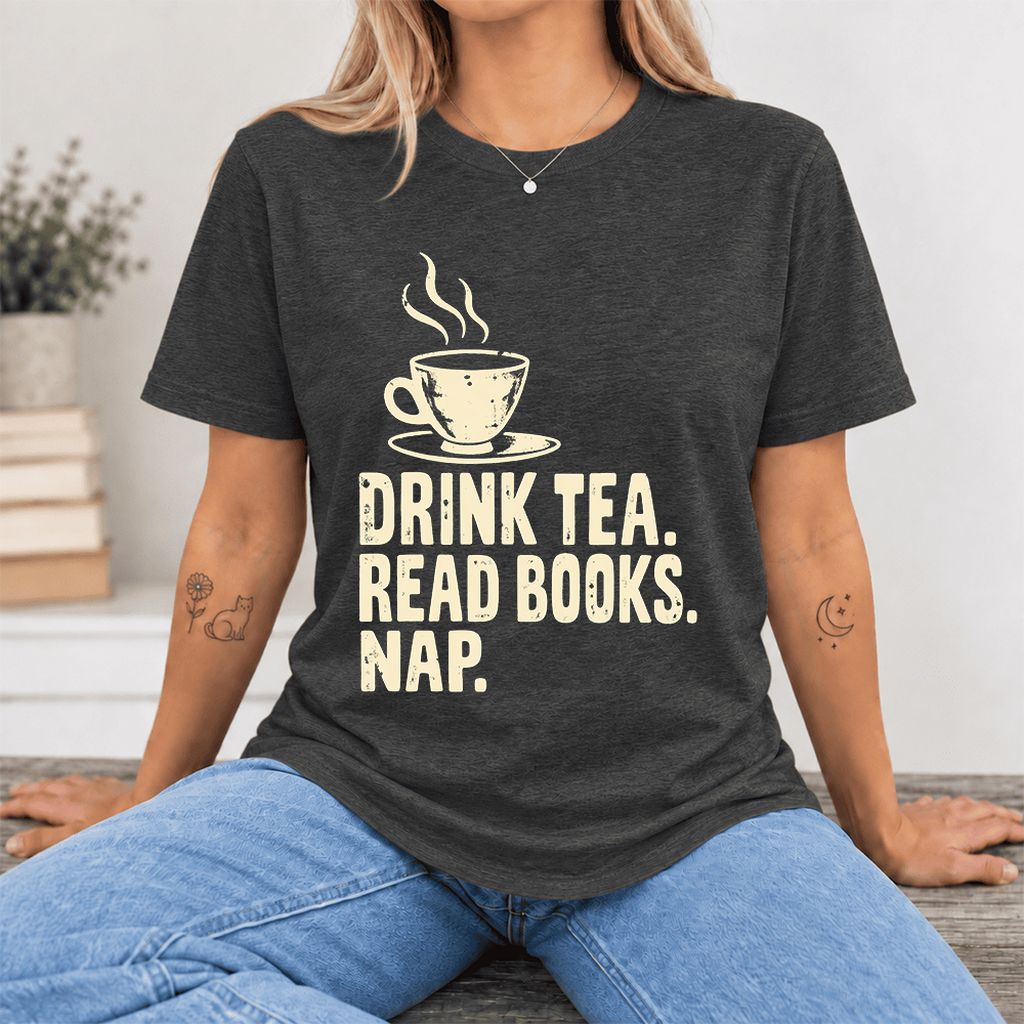 Drink Tea Read Books Nap Ultra-Soft Cotton T-Shirt | Cozy Book Lover Gift Dark Grey Heather