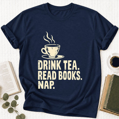 Drink Tea Read Books Nap Ultra-Soft Cotton T-Shirt | Cozy Book Lover Gift Navy