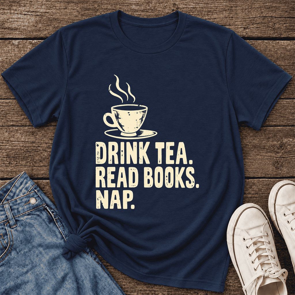 Drink Tea Read Books Nap Ultra-Soft Cotton T-Shirt | Cozy Book Lover Gift Navy