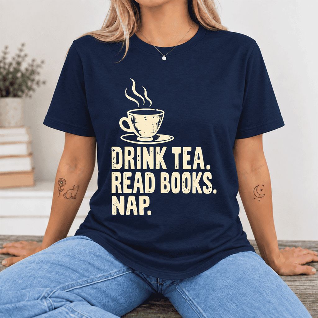 Drink Tea Read Books Nap Ultra-Soft Cotton T-Shirt | Cozy Book Lover Gift Navy