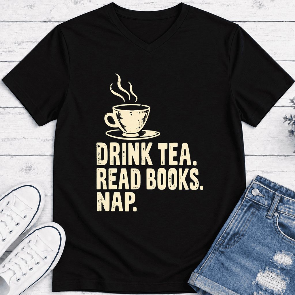 Drink Tea Read Books Nap Ultra-Soft V-Neck | Cozy Book Lover Gift Black