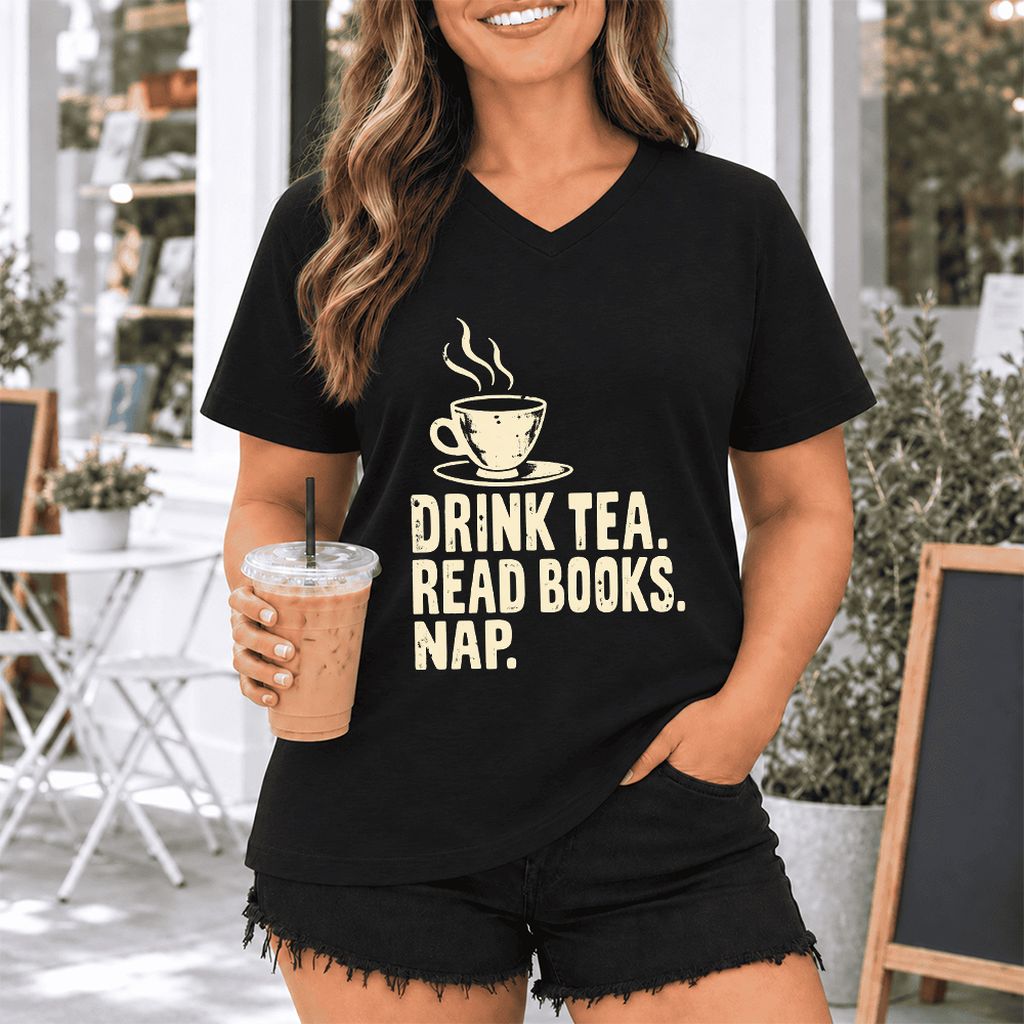 Drink Tea Read Books Nap Ultra-Soft V-Neck | Cozy Book Lover Gift Black