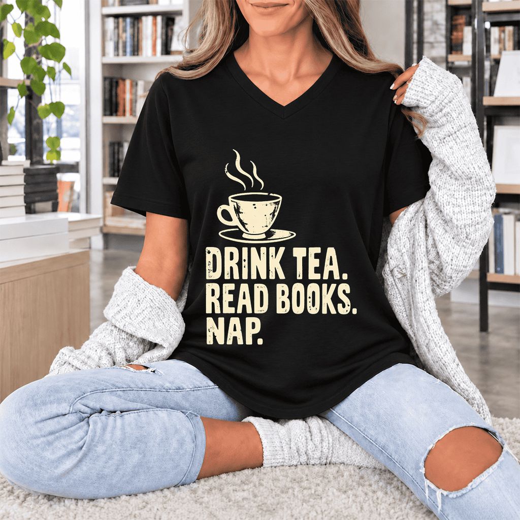 Drink Tea Read Books Nap Ultra-Soft V-Neck | Cozy Book Lover Gift Black