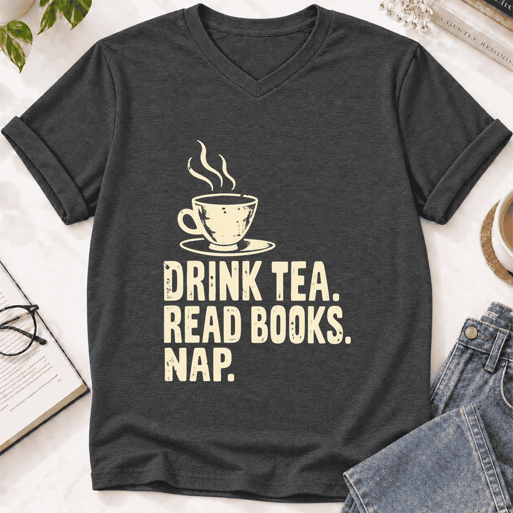 Drink Tea Read Books Nap Ultra-Soft V-Neck | Cozy Book Lover Gift Dark Grey Heather