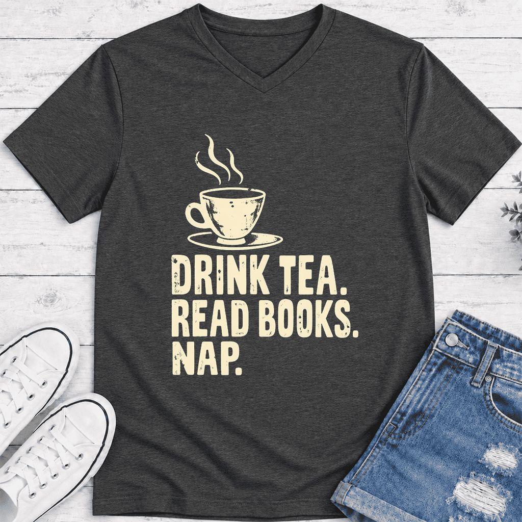 Drink Tea Read Books Nap Ultra-Soft V-Neck | Cozy Book Lover Gift Dark Grey Heather