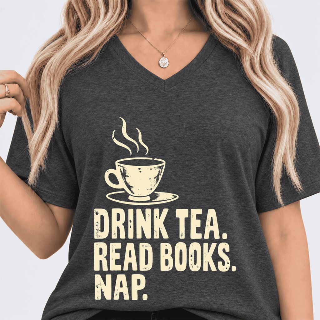 Drink Tea Read Books Nap Ultra-Soft V-Neck | Cozy Book Lover Gift Dark Grey Heather