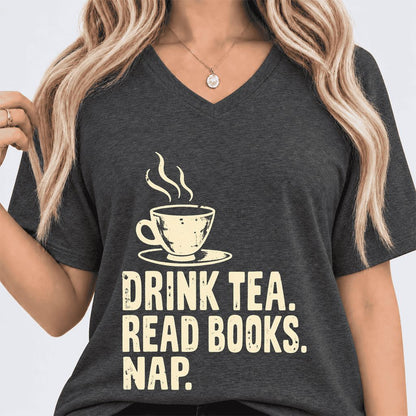 Drink Tea Read Books Nap Ultra-Soft V-Neck | Cozy Book Lover Gift Dark Grey Heather