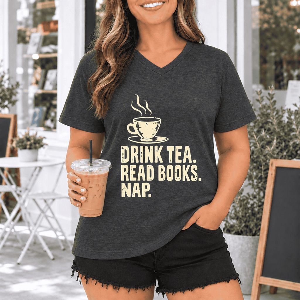 Drink Tea Read Books Nap Ultra-Soft V-Neck | Cozy Book Lover Gift Dark Grey Heather