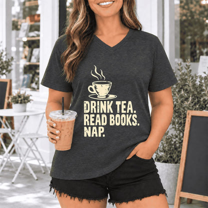 Drink Tea Read Books Nap Ultra-Soft V-Neck | Cozy Book Lover Gift Dark Grey Heather