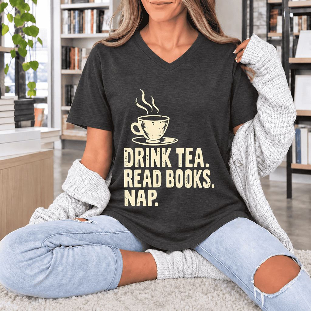Drink Tea Read Books Nap Ultra-Soft V-Neck | Cozy Book Lover Gift Dark Grey Heather