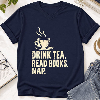 Drink Tea Read Books Nap Ultra-Soft V-Neck | Cozy Book Lover Gift Navy