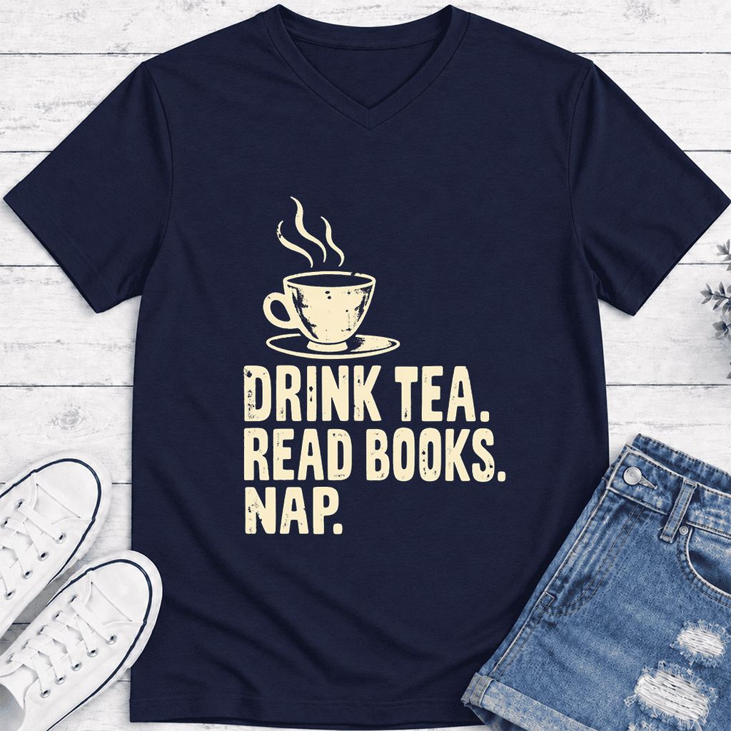 Drink Tea Read Books Nap Ultra-Soft V-Neck | Cozy Book Lover Gift Navy