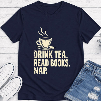 Drink Tea Read Books Nap Ultra-Soft V-Neck | Cozy Book Lover Gift Navy