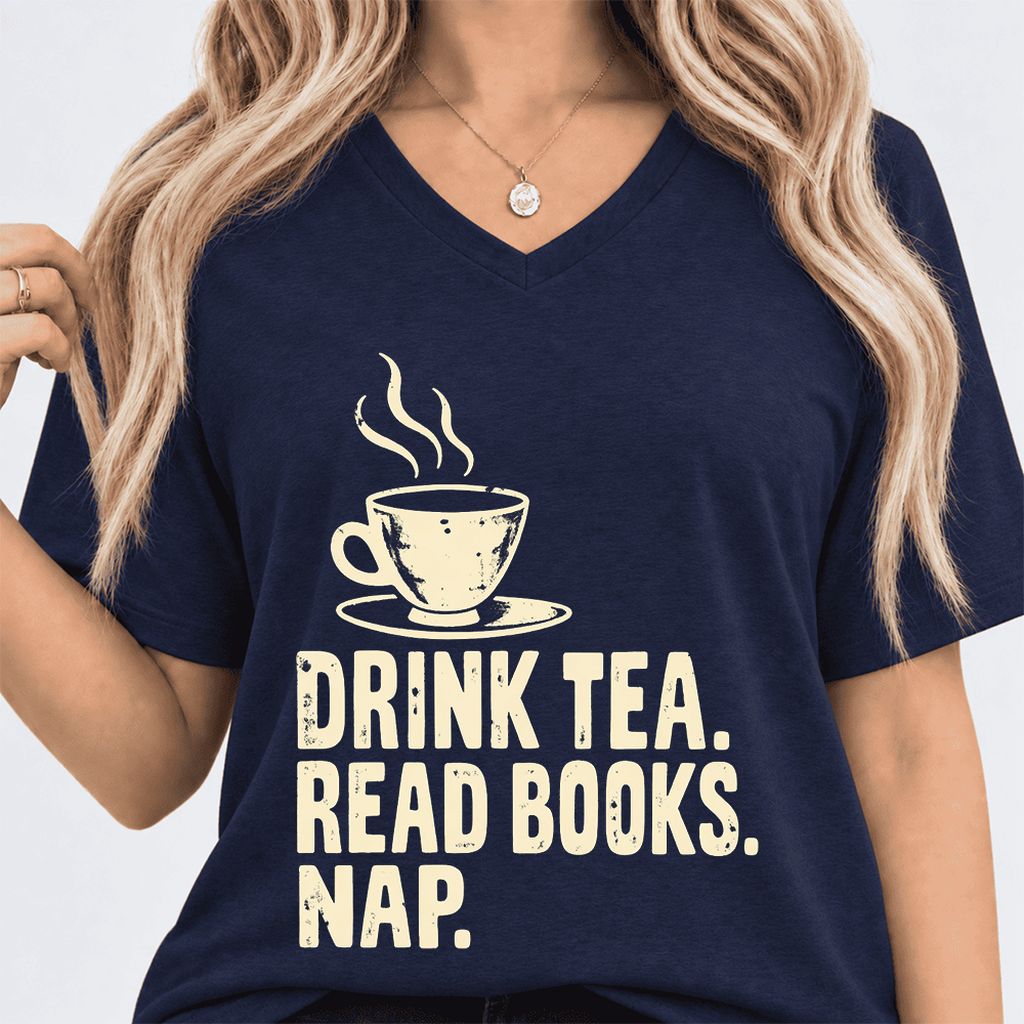 Drink Tea Read Books Nap Ultra-Soft V-Neck | Cozy Book Lover Gift Navy