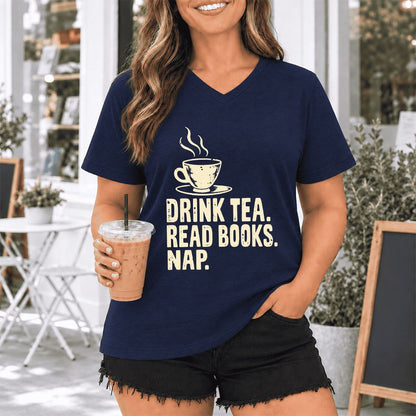 Drink Tea Read Books Nap Ultra-Soft V-Neck | Cozy Book Lover Gift Navy