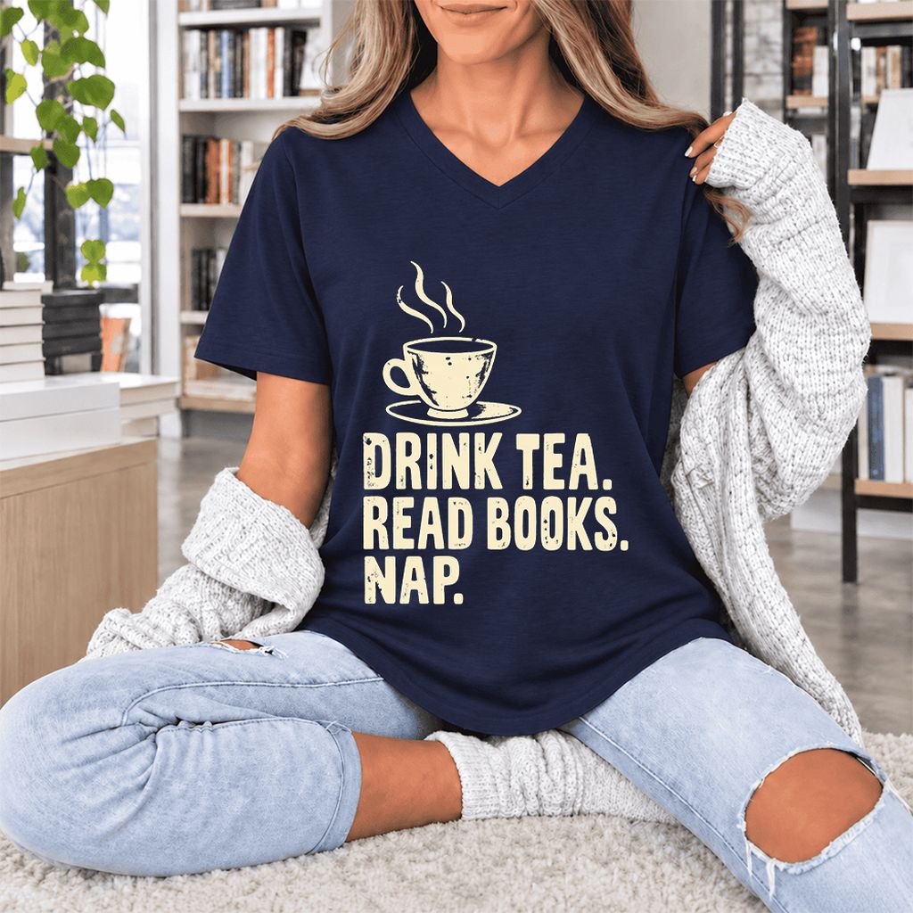 Drink Tea Read Books Nap Ultra-Soft V-Neck | Cozy Book Lover Gift Navy