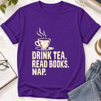 Drink Tea Read Books Nap Ultra-Soft V-Neck | Cozy Book Lover Gift Team Purple