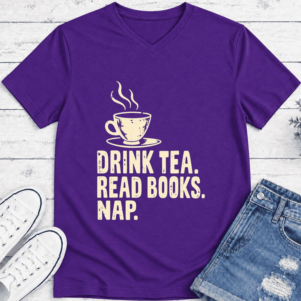 Drink Tea Read Books Nap Ultra-Soft V-Neck | Cozy Book Lover Gift Team Purple