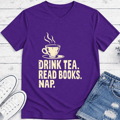 Drink Tea Read Books Nap Ultra-Soft V-Neck | Cozy Book Lover Gift Team Purple