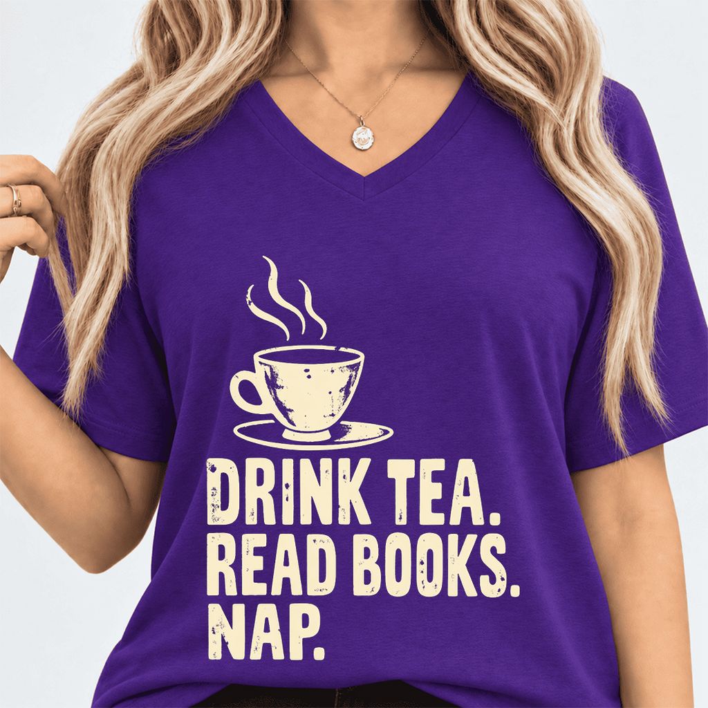 Drink Tea Read Books Nap Ultra-Soft V-Neck | Cozy Book Lover Gift Team Purple